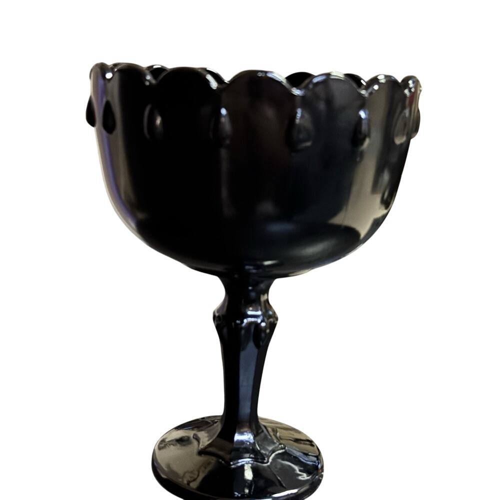 Vintage Indiana Glass Black Amethyst Glass Scallop Teardrop Pedestal Compote 8"